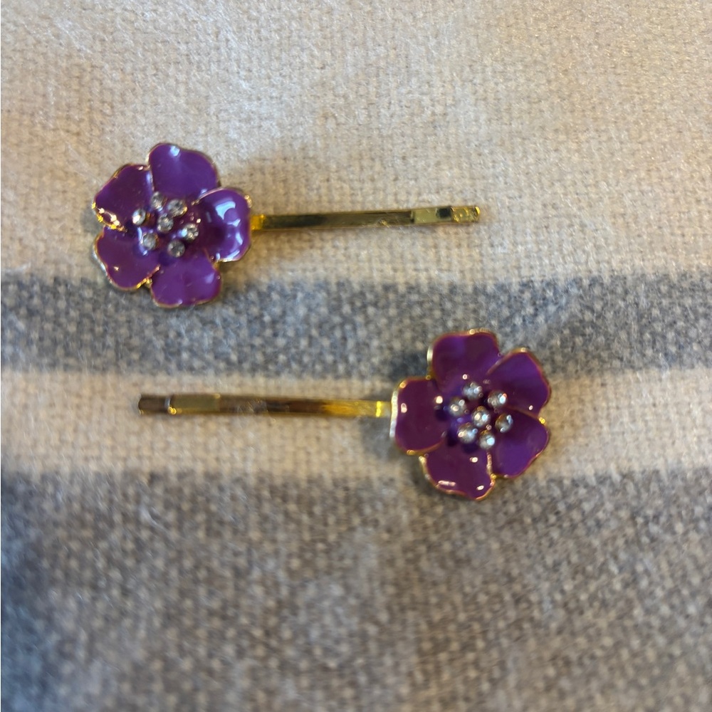 purple and gold rhinestone flower hair pins